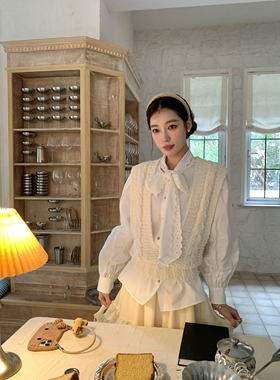 SourceWithU 清冷白茶 纯棉圆领/V领花边蝴蝶结系带衬衫内搭上衣