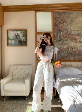 SourceWithU   百穿不腻 白色飞行裤女高腰宽松直筒轻薄休闲长裤