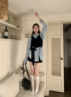 SourceWithU 复古丹宁 蓝色柔软好穿牛仔衬衫女韩版百搭休闲上衣