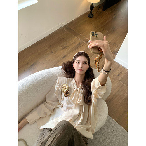 长袖女衬衫简约打褶慵懒上衣宽松