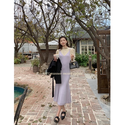 3色温柔绵密内搭针织吊带鱼尾裙