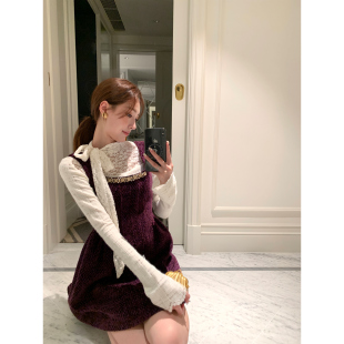 SourceWithU紫醉金迷 贵气紫丝绒小香金边外套背心裙千金韩系套装