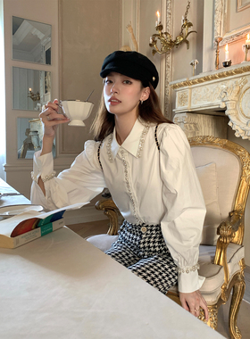 SourceWithU 珠光宝气 纯棉高定带钻订珠白色衬衫千鸟格阔腿长裤