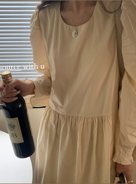 source with u欧尼奶黄色简约不挑身材纯棉质感中长款长袖连衣裙
