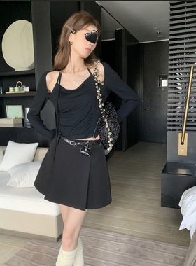 SourceWithU 大都会夜景 好穿不腻宽褶A字短裙黑色显瘦遮胯半身裙