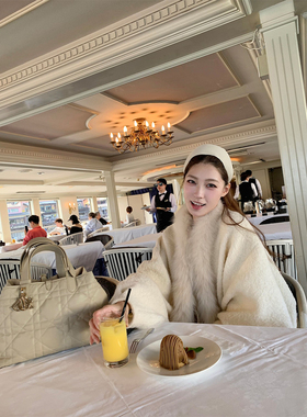 SourceWithU 伊豆的雪 狐狸毛领软糯圈圈毛尼30羊毛廓形大衣外套