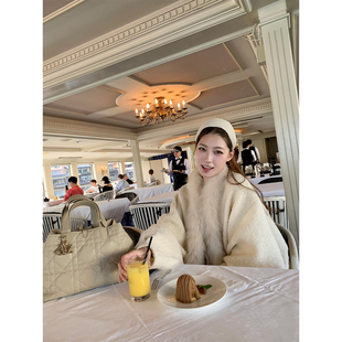 狐狸毛领软糯圈圈毛尼30羊毛廓形大衣外套 雪 SourceWithU 伊豆