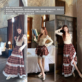 SourceWithU多萝西小姐 系带多穿红格蕾丝拼接半裙吊带露肩上衣女