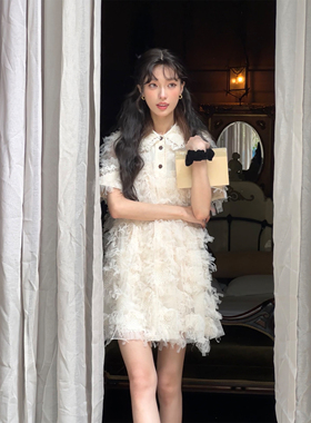 SourceWithU 小千金 透气不热精致提花短袖连衣裙设计感白色短裙