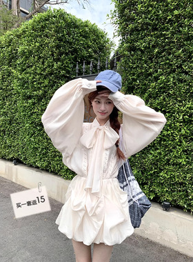 SourceWithU 奈乐小白花 镂空拼接系带灯笼袖衬衫云朵A字半裙女