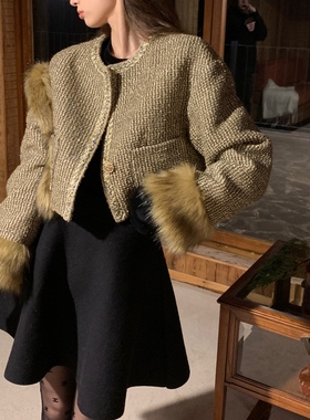 SourceWithU贵气橄榄棕 设计感大衣女金线毛绒拼接名媛时尚短外套