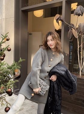 SourceWithU 大都会 金扣质感灰色软糯针织开衫宽松显瘦a字半身裙