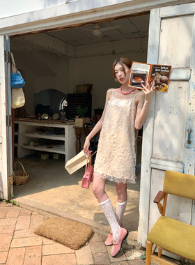 SourceWithU 香槟玫瑰 精致气质亮片吊带连衣裙高腰短款a字半身裙