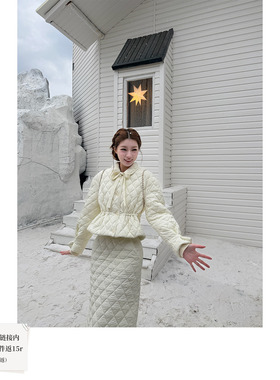 SourceWithU 冬日盛宴 3色菱格收腰系带棉服女a字半裙韩系三件套