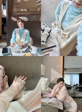 SourceWithU 雪夜精灵 4色羊毛拉毛毛衣女蕾丝袖口棉纺高领打底衫