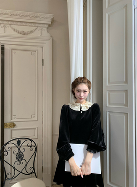 SourceWithU 小黑裙 赫本千金乖妹蕾丝翻领灯笼袖丝绒收腰连衣裙