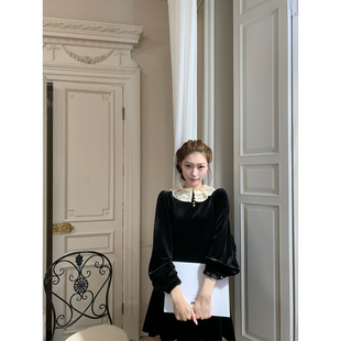 丝绒收腰连衣裙 赫本千金乖妹蕾丝翻领灯笼袖 SourceWithU 小黑裙