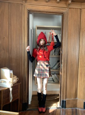 SourceWithU 鲁道夫 50羊毛红色格纹毛呢百褶裙节日氛围感半身裙