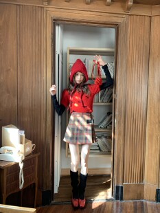 SourceWithU 50羊毛红色格纹毛呢百褶裙节日氛围感半身裙 鲁道夫