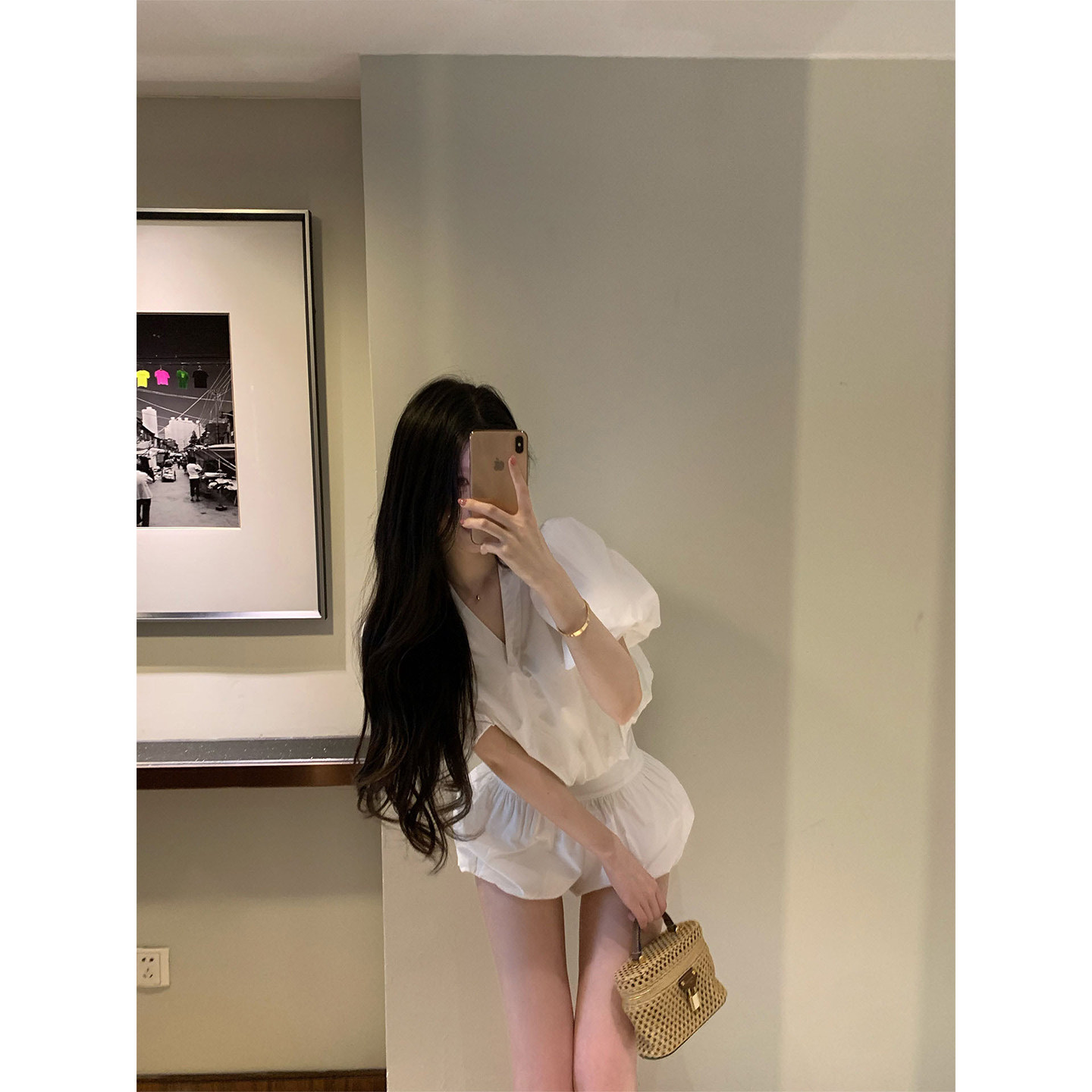 SourceWithU 很韩很美女 100棉长/短款泡泡袖V领上衣灯笼短裤套装