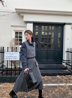 SourceWithU 美院生 气质羊毛呢马甲背心女款百褶灰色长款半身裙