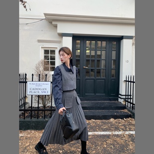 百褶灰色长款 气质羊毛呢马甲背心女款 半身裙 美院生 SourceWithU