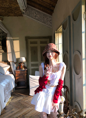 SourceWithU 南法草莓 94棉蝴蝶结修身开衫背心蕾丝拼接吊带半裙