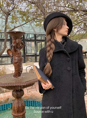SourceWithU布斯巴顿魔女 浪漫中古风绝版单面呢子黑色大衣女外套