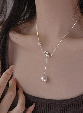 925纯银蝴蝶珍珠流苏锁骨链