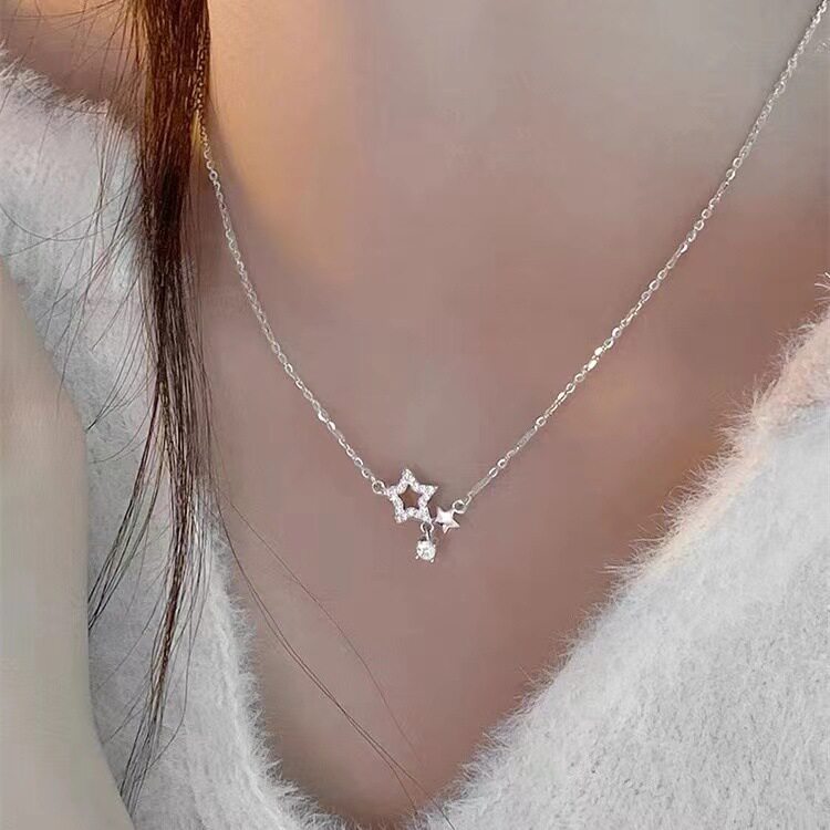 日韩风纯银星星项链女十字链白金色锁骨链轻奢高级感
