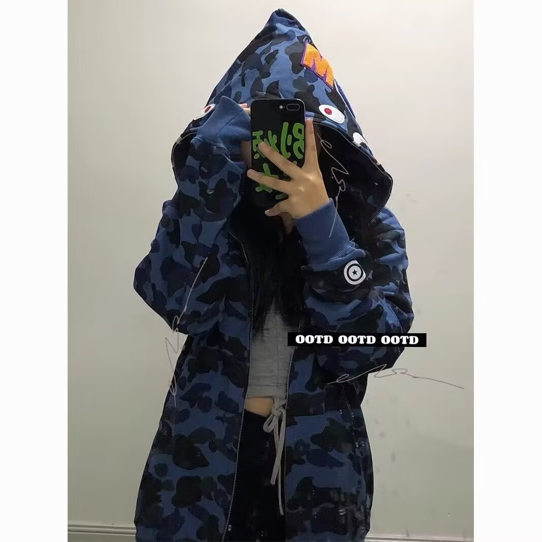 迷彩鲨鱼连帽外套男女休闲情侣街头嘻哈秋季开衫拉链卫衣oversize