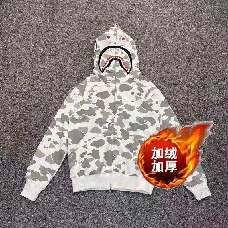加绒加厚学生美式鲨鱼迷彩连帽开衫猿人卫衣男女情侣宽松拉链外套
