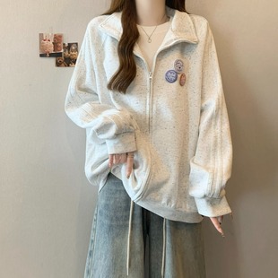 大码 微胖mm宽松慵懒风显瘦上衣 女装 正肩拉链卫衣外套2025开春新款