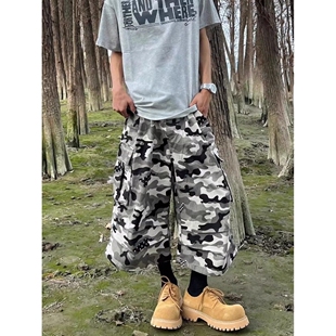 美式街头风复古多褶迷彩工装七分裤男女款夏季宽松休闲阔腿牛仔裤