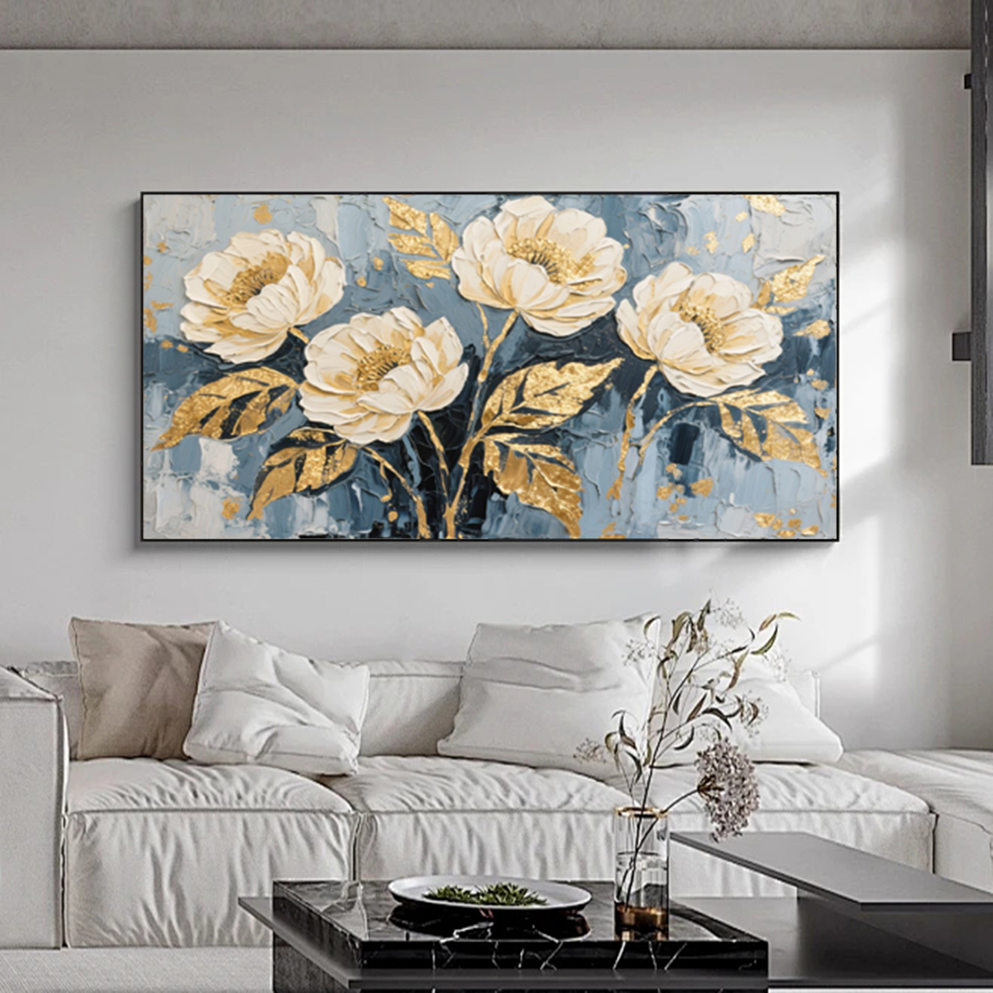 纯手绘油画花卉肌理立体油画山茶花开挂画客厅餐厅现代轻奢装饰画图片