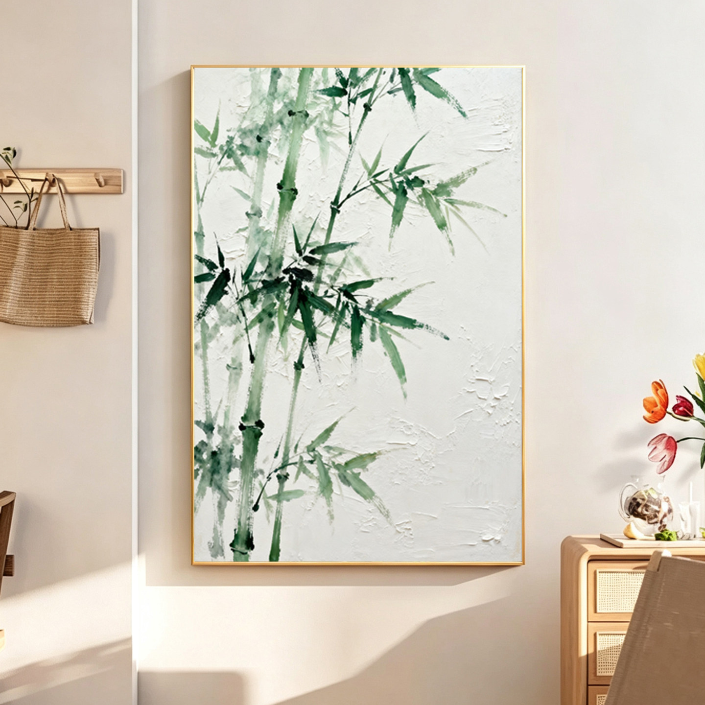 可班手绘油画竹报平安竖版装饰画