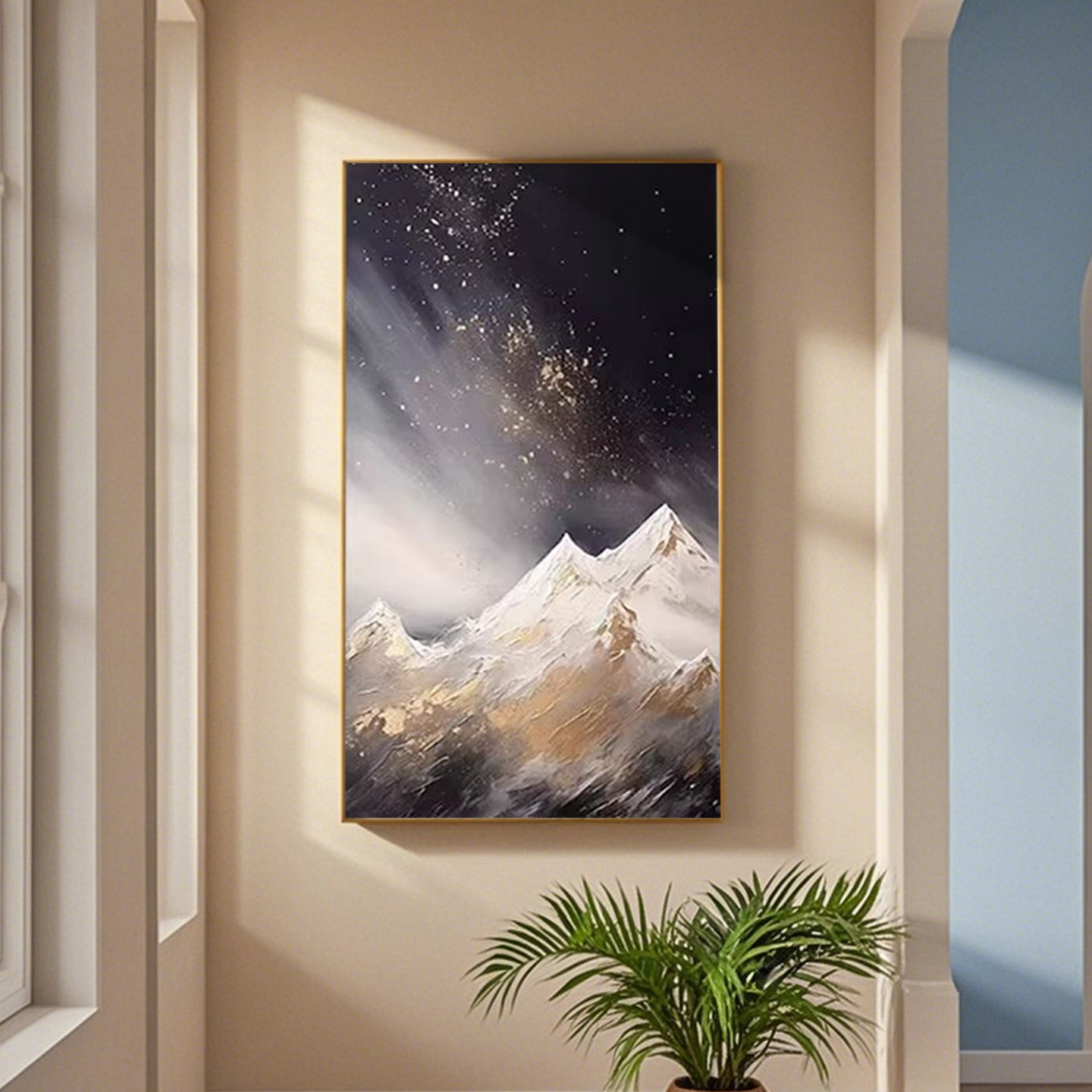 可班纯手绘油画星空雪山玄关挂画