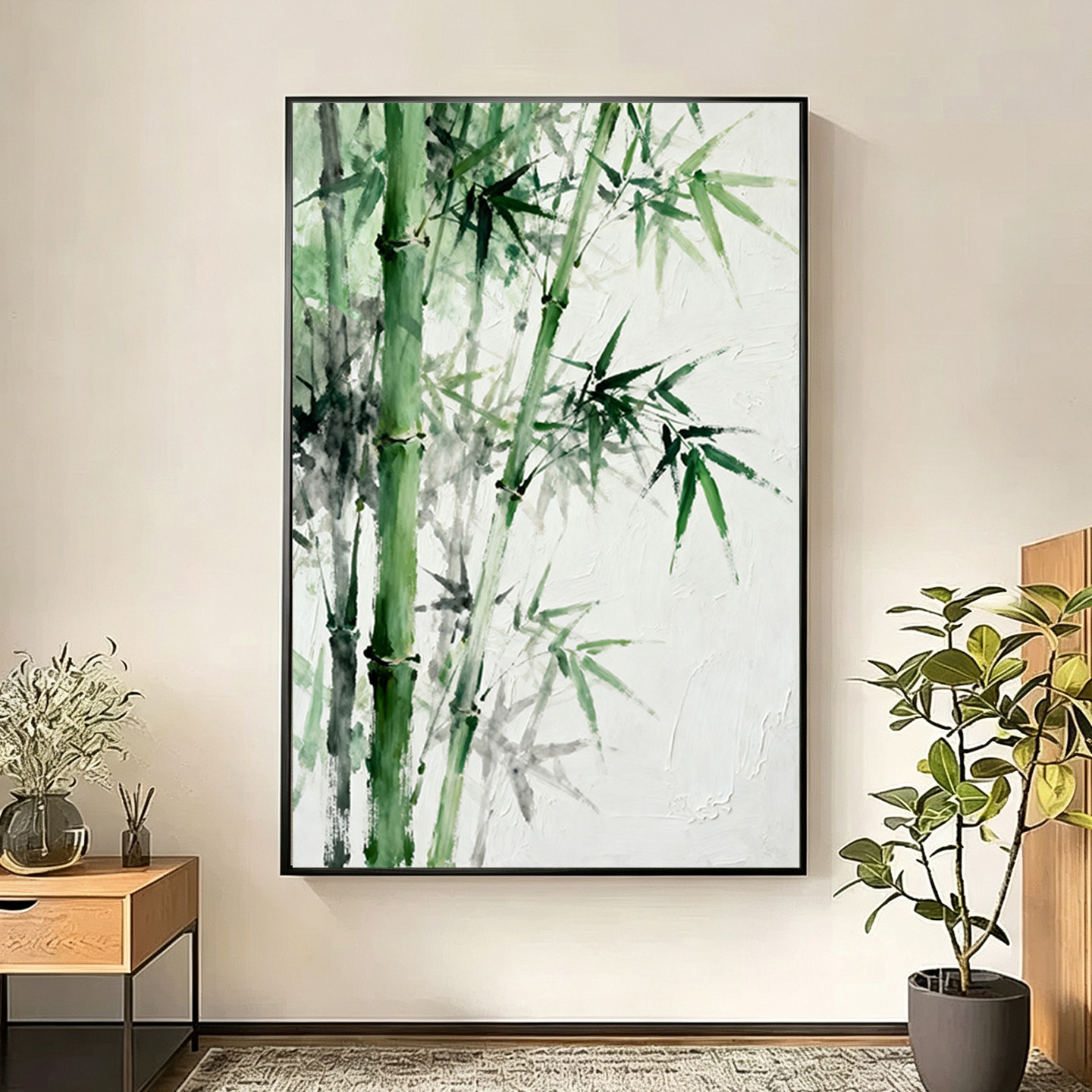 可班手绘油画墨竹新中式玄关挂画