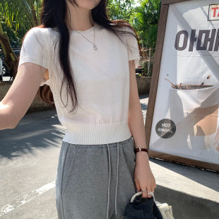 高级感巨好看绝美圆领收腰短袖针织衫女夏季2026新款韩系漂亮上衣