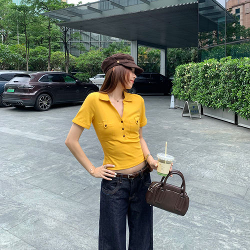美式修身POLO领黄色正肩短袖T恤女2026夏季新款设计感纯欲上衣