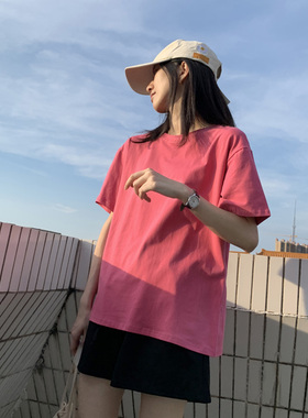 复古韩版宽松棉质女t桖短袖chic半袖体恤纯色简约砖红色t恤女夏装