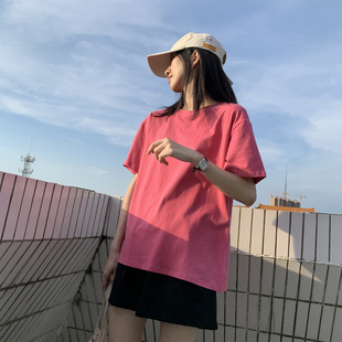 复古韩版 宽松棉质女t桖短袖 chic半袖 体恤纯色简约砖红色t恤女夏装