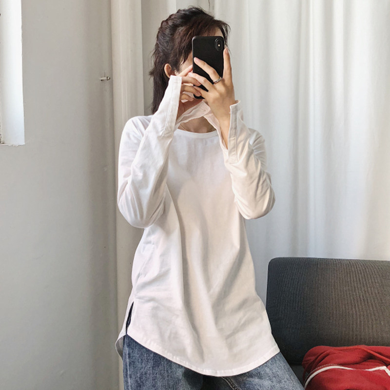 宽松白色棉质t恤内搭长袖女装韩版新款圆领袖口开叉体恤打底衫潮