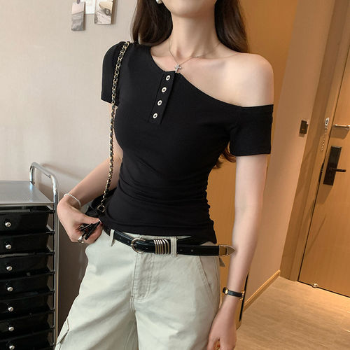 法式绝美纯欲斜肩短袖T恤女2026夏季新款气质小众不撞款露肩上衣