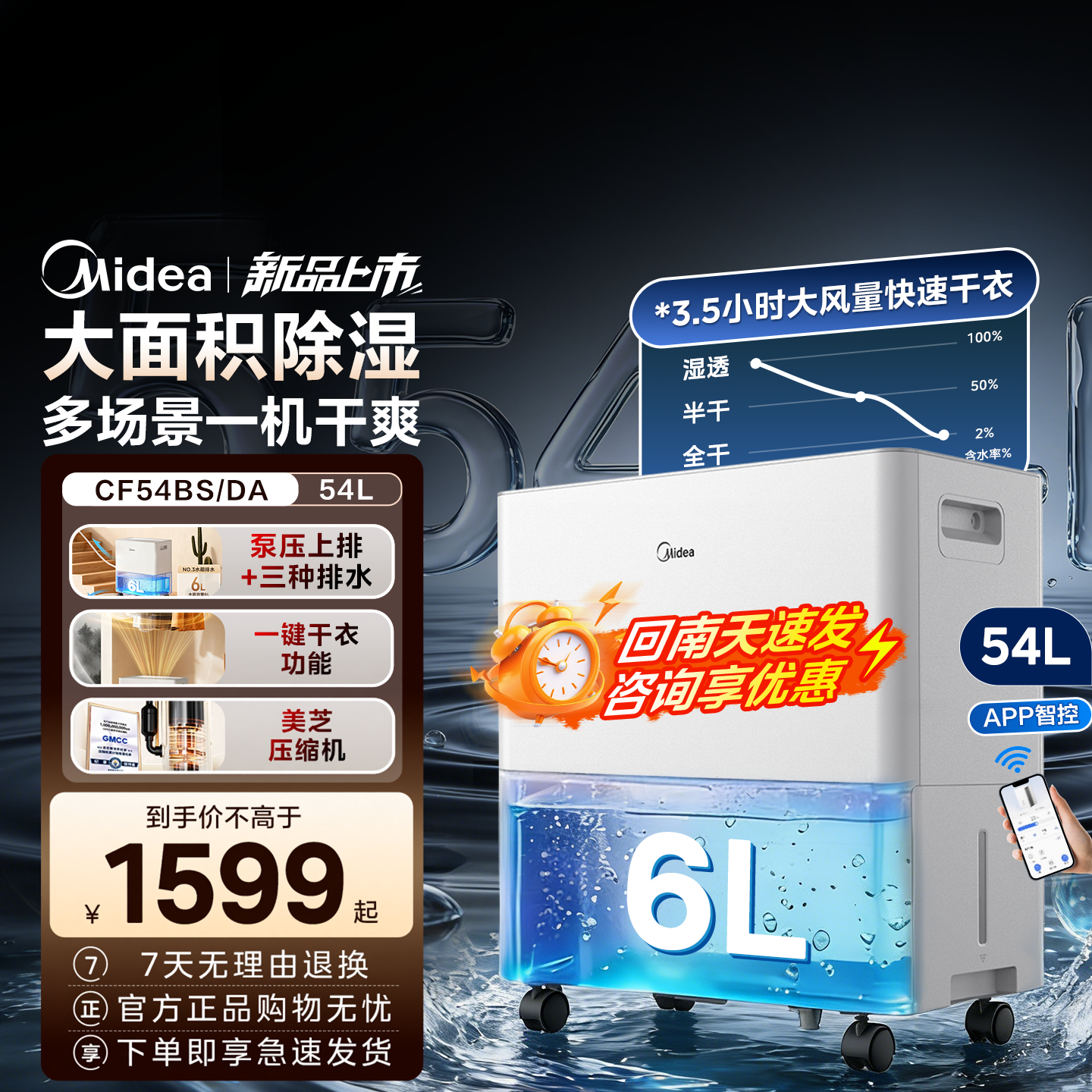 美的除湿器54升干衣智能抽湿机泵压上排水别墅地下室工商业除湿机