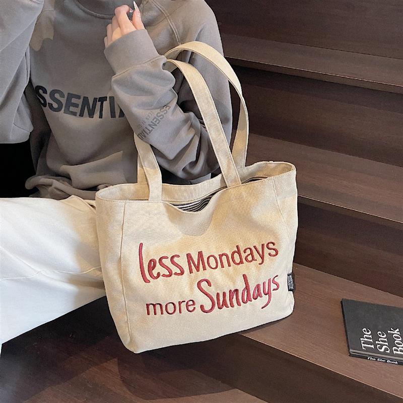 Lee vsasi小众大容量字母刺绣帆布包包女简约休闲单肩包上课通勤