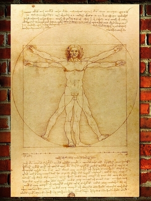 达芬奇人体比例图素描手稿维特鲁威人名画怀旧复古海报画装饰画.