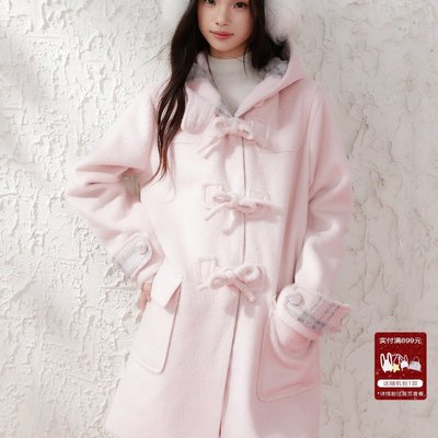 ECHOSTA 粉色蝴蝶结拼接深秋初冬大衣少女毛呢浪漫百搭外套