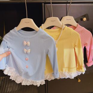 儿童蕾丝打底衫时髦t恤高级感春秋女童内搭长袖洋气秋款薄款花边