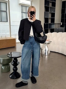 秒发新款诗歌兰女装25冬02287牛仔裤宽松显瘦百搭九分弯刀休闲裤